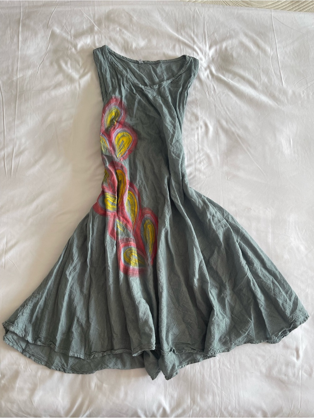 Sleeveless Hand-Painted Gray Swing Dress with Pink & Yellow Accents